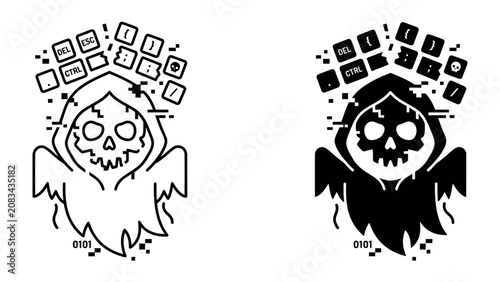 Foto Code Grim Reaper Icon: A stylized illustration depicting a grim reaper figure adorned with computer keyboard keys, symbolizing the concept of code death or bug in programming