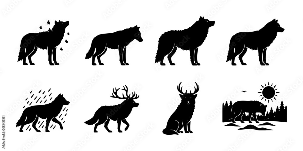 Obraz premium Wolf and Deer Silhouette Collection, Wildlife Icons, Nature Scenes, Animal Graphics, Vector Art Set