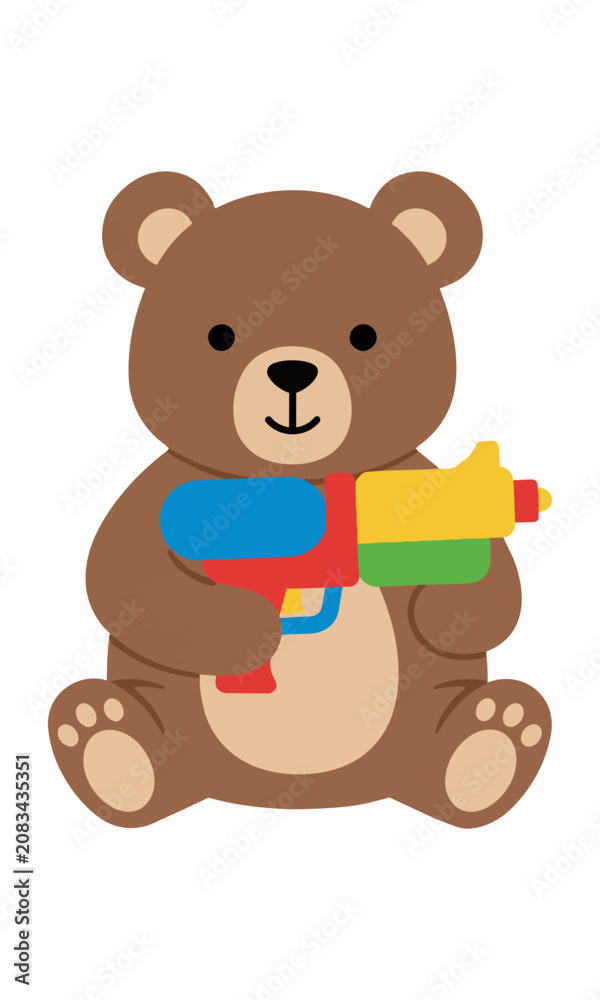 Fototapeta premium Stylized brown bear sitting and holding a colorful toy water gun in a playful summer atmosphere