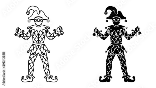 Tableau sur toile Jester Icon: A jester illustration in two styles, one line art and one silhouette, stands ready to entertain with playful attire and a mischievous glint in its eyes, symbolizing fun and performance