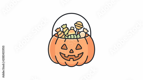 Konstfotografi Illustration of a smiling jack-o'-lantern filled with colorful candies under a c