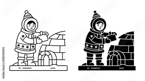 Canvastavla Arctic Dweller Building Igloo: A stylized illustration depicts an Arctic inhabitant in traditional attire constructing an igloo, symbolizing resilience and adaptation in a cold environment