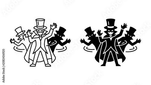 Photography Magician Performing Illusion: Two sets of illustrations depict a magician in a top hat and cape, performing a magic trick with shadowy figures, one in outline and the other in silhouette