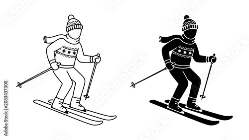 Tableau sur toile Skiing Duo: Two stylized figures, one in outline and one in silhouette, depict the thrill of skiing down a slope, clad in warm winter attire