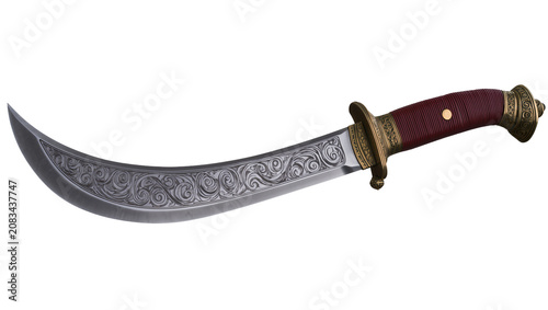 Canvastavla Curved scimitar sword with ornate metalwork and red handle