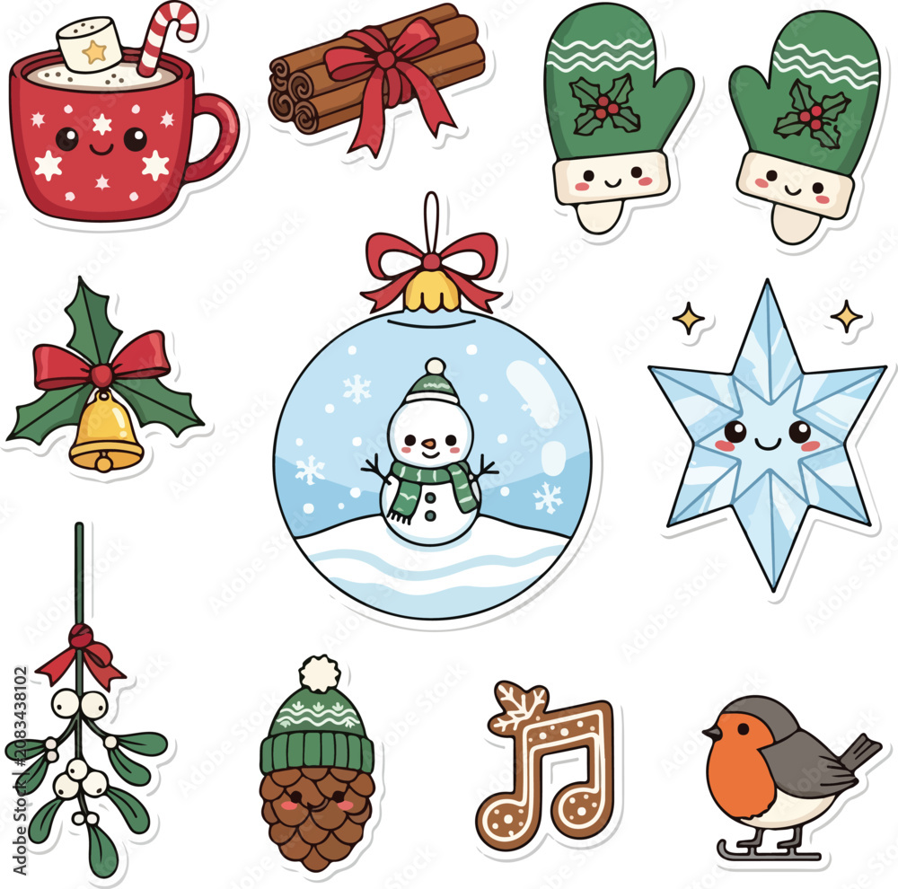 Fototapeta premium Cute Kawaii Christmas Holiday Sticker Set Collection.