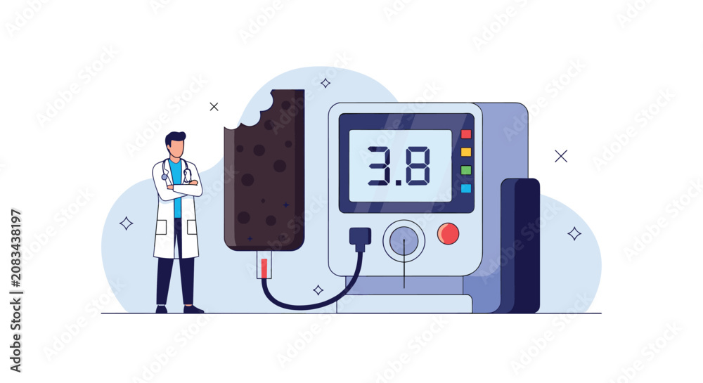 Fototapeta premium Professional male doctor stands near a digital glucose monitoring device measuring sugar levels of a chocolate ice cream bar.