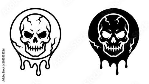 Bild auf Leinwand Skull Icon: A stark graphic representation of a skull, depicted in two styles – outline and silhouette – with a melting effect at the bottom, symbolizing danger or a warning