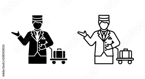 Obraz na plátne Hotel bellboy with luggage cart icon set check in hospitality