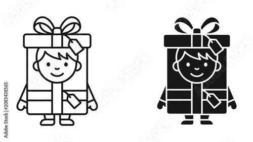 Bild auf Leinwand Gifted Child Icon: A stylized illustration featuring a child dressed as a gift box, complete with a bow and gift tags, depicted in both outline and solid black versions