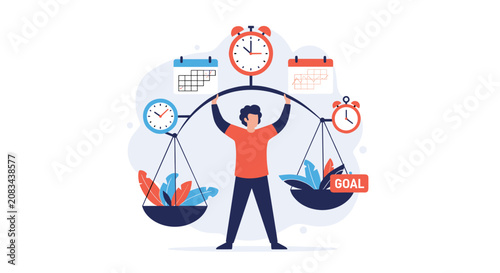 Determined man balances time management elements like clocks, calendars, and goals on a scale to achieve work life balance.