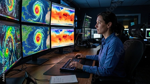 Scientist Monitoring Global Climate Data and Hurricane Forecasts in a Control Room