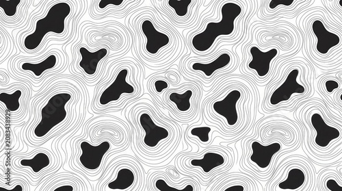 Black organic shapes create an abstract pattern on white, bordered by detailed contour lines