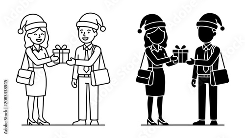 Obraz na plátně Festive Gift Exchange: Two colleagues in Santa hats exchange gift boxes, symbolizing holiday cheer and goodwill in the workplace, illustrated in both line art and silhouette forms