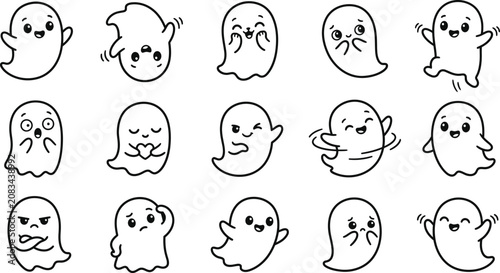 Collection of various cute ghost character poses for halloween with halloween character expression
