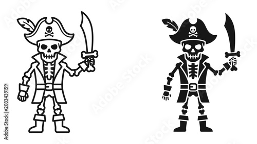 Tableau sur toile Pirate Skeleton Duo: Two stylized pirate skeletons stand ready for adventure, one in outline and the other in black silhouette