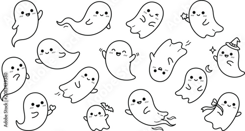 Set of cute hand-drawn halloween ghost characters with various cheerful expressions, halloween