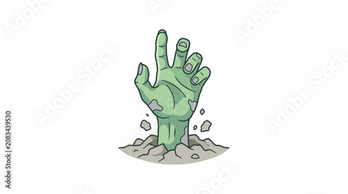Foto A green zombie hand emerges from gray dirt and rubble on a desolate landscape