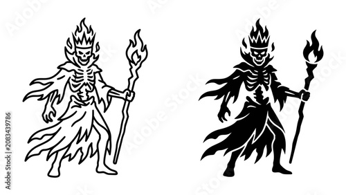 Obraz na plátně Skeleton King of Flames: A formidable skeletal monarch, crowned with fire and wielding a blazing staff, stands as a symbol of dark power and infernal rule