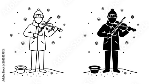 Obraz na płótnie Street Violinist in Snow: A lone violinist, bundled up in winter attire, plays a soulful melody amidst falling snowflakes, with a hat on the ground for donations