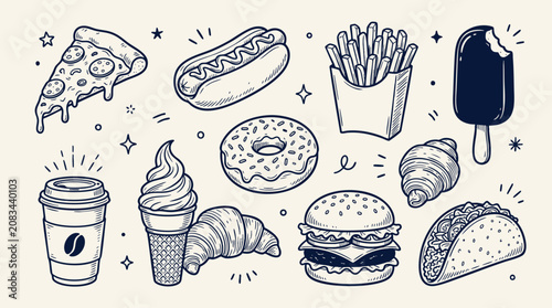 Canvastavla Fast Food Collection Sketch style Illustration With Decorative Elements