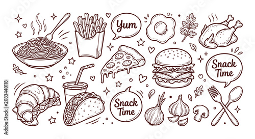 Foto Food assortment sketch illustration featuring pasta burger and fried chicken