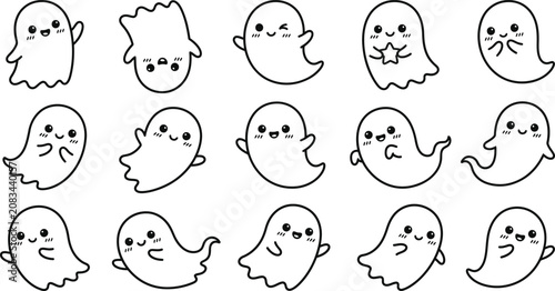 Collection of small cute halloween ghost doodle illustrations in varied poses with hand drawn
