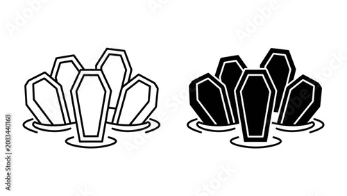 Canvastavla Coffin Cluster Illustration: A simple line art and silhouette illustration depicts a cluster of coffins emerging from water, symbolizing death or loss