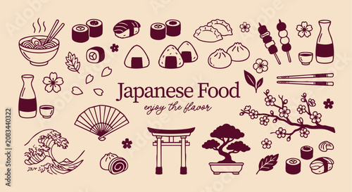 Bild auf Leinwand Japanese food illustration with sushi ramen and traditional elements