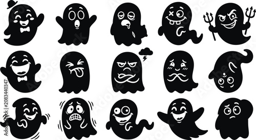 Solid black silhouette collection of funny halloween ghost characters with silhouette, halloween