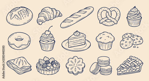 Bild auf Leinwand Pastries And Sweets Line Art Illustration With A Beige Background