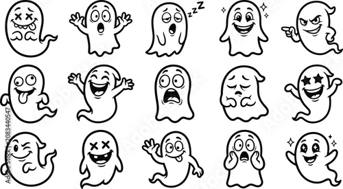 Set of expressive cartoon ghost doodles for halloween projects with halloween expression character