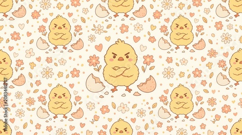 Repeating grumpy yellow chicks with crossed arms, eggshells & pastel flowers