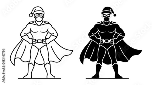 Photos Superhero Spirit: Two stylized figures of a superhero, one in outline and one in silhouette, wear a cape, mask, and Santa hat, embodying festive heroism
