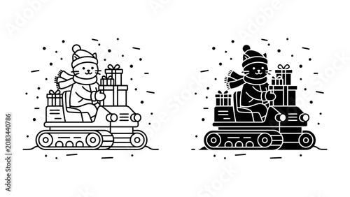 Fotografie Christmas Kitty on Snowcat: A charming illustration depicts a playful cat dressed in a winter hat and scarf, happily driving a snowcat loaded with Christmas gifts
