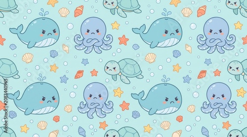 Cute cartoon sea creatures with angry faces make a repeating pattern in a bubbly blue ocean