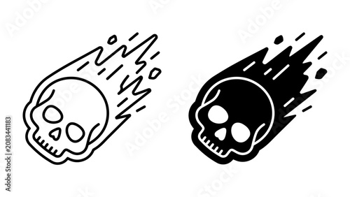 Φωτογραφία Comet Skull Graphic: Two stylized illustrations of a comet shaped like a skull, one in outline and the other in solid black, trailing fiery streaks across the frame