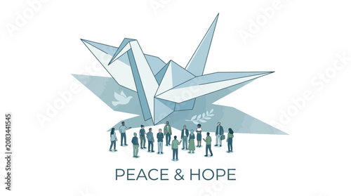 Minimalist illustration of an origami crane symbolizing peace and hope with diverse people gathering for unity