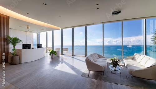 modern hotel lobby with ocean view and contemporary white furniture elegant reception area with large windows and sea landscape