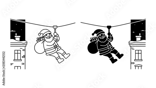 Foto Santa Claus zip-lining between buildings: Two stylized depictions of Santa Claus, one outlined and one silhouetted, descend a zip line between two snow-capped buildings under a starry night sky