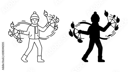 Fotografie Fire Dancer Silhouette: A dynamic depiction of a person performing with fire, shown in both a line art illustration and a stark silhouette, capturing the essence of performance art and danger