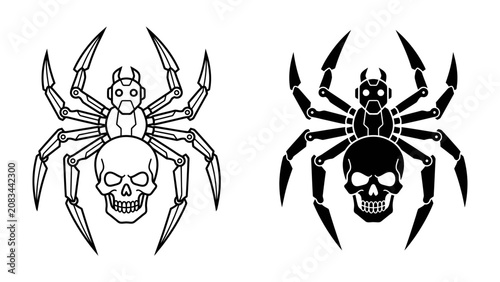 Canvastavla Scary Spider Skull Icon: A terrifying spider creature with a human skull for an abdomen, designed as a graphic icon in both black and white line art and solid black silhouette