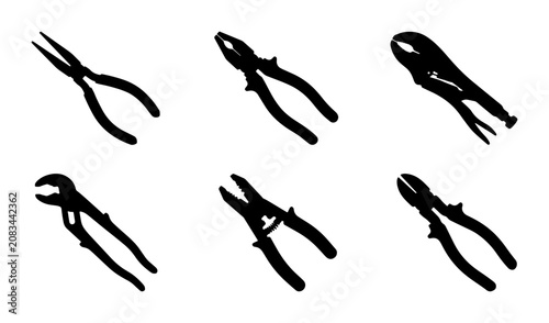 Obraz na płótnie Set of Six Black Silhouette Pliers Icons, Hand Tool Vector Graphics, Mechanical