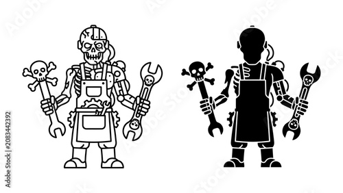 Fotografie Mechanic Skeleton Character: A detailed graphic illustration of a mechanic character depicted as a skeleton wearing overalls, holding a wrench and a skull-and-crossbones symbol