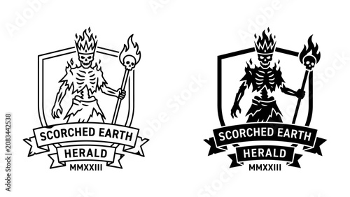 Tableau sur toile Flames of Victory Emblem: A striking emblem featuring a skeleton warrior crowned with fire, holding a torch, symbolizing strength and dominion, with banner proclaiming Scorched Earth Herald