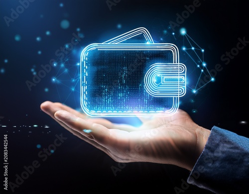 a hand holding a glowing digital wallet representing online financial security and crypto currency