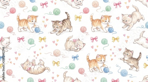 Sweet playful kittens interact with colorful yarn and bows on a clean white background