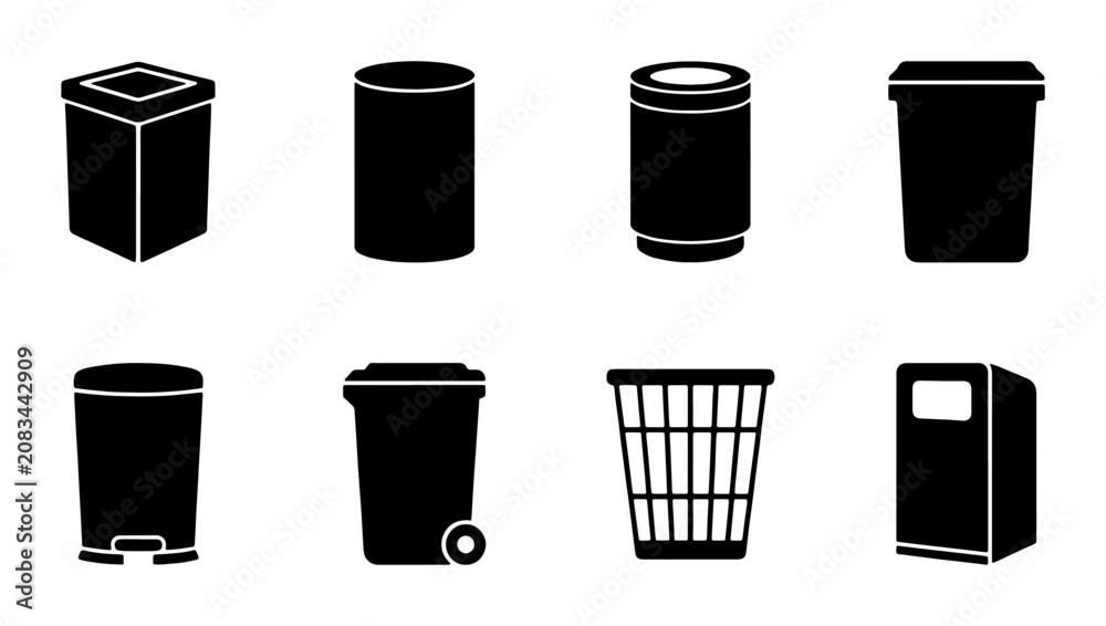 Fototapeta premium Set of 8 Black Silhouette Trash Cans and Bins, Waste Receptacles Vector Icons for Recycling and Disposal Concepts