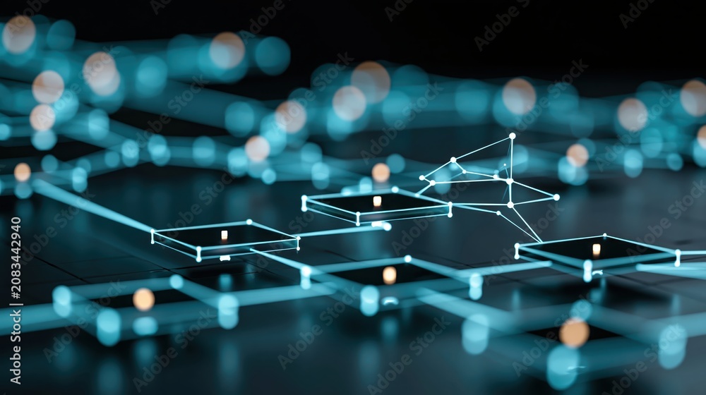 Obraz premium Abstract glowing agentic AI workflow of connected nodes processing tasks autonomously