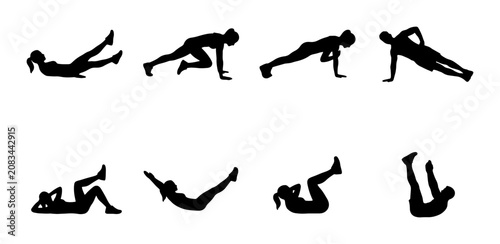 Fotografía Fitness Silhouette Set: Core Workout Exercises, Dynamic Poses, Active Lifestyle